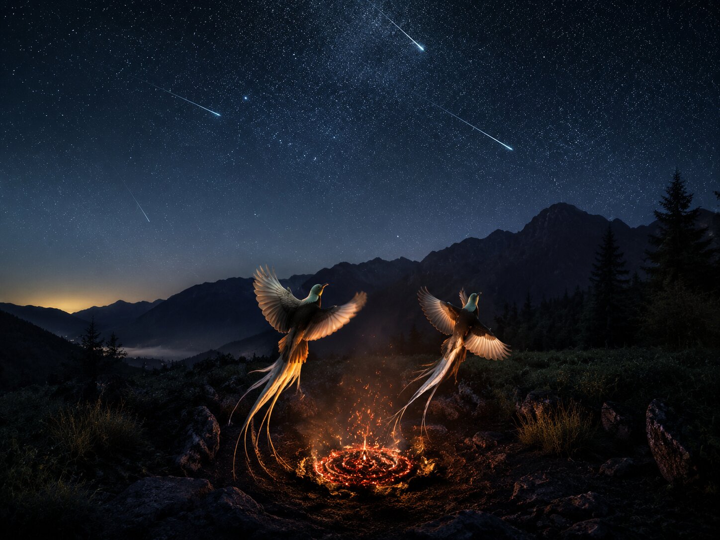 Firebirds and falling stars over a mountain camp