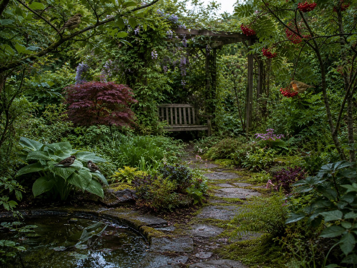 A garden path where the birds already know the way