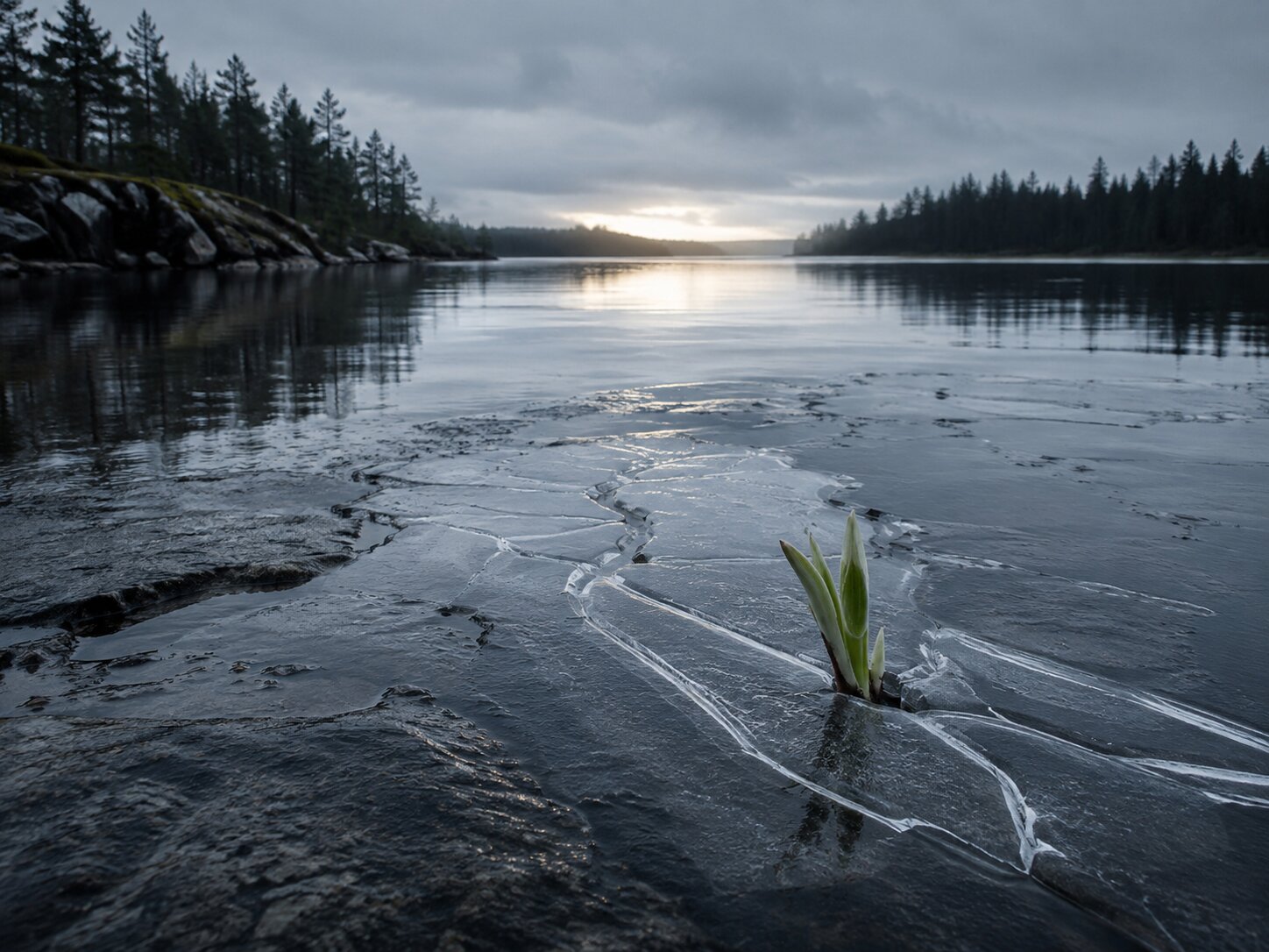 A green shoot breaking through winter ice