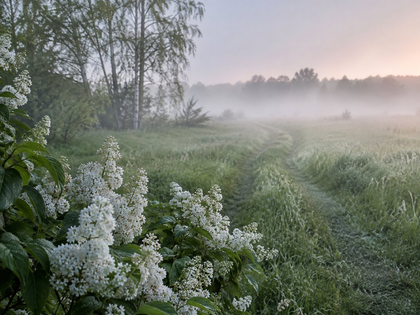 A path through fog, lined with white flowers