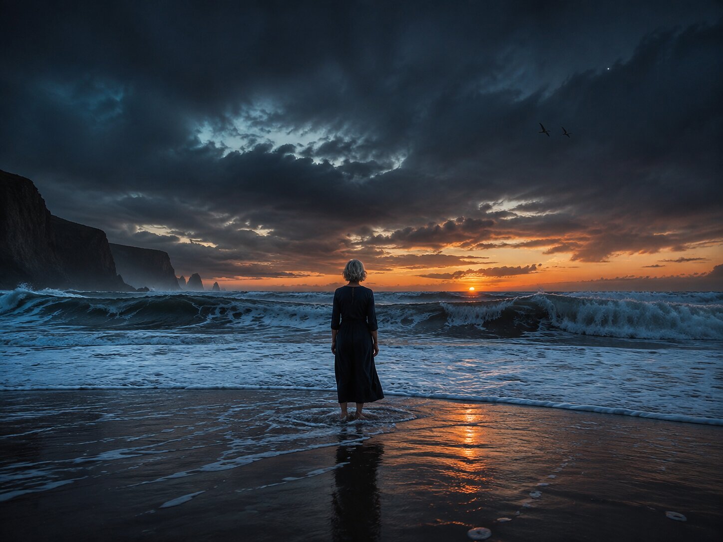 Standing where the waves keep almost reaching her